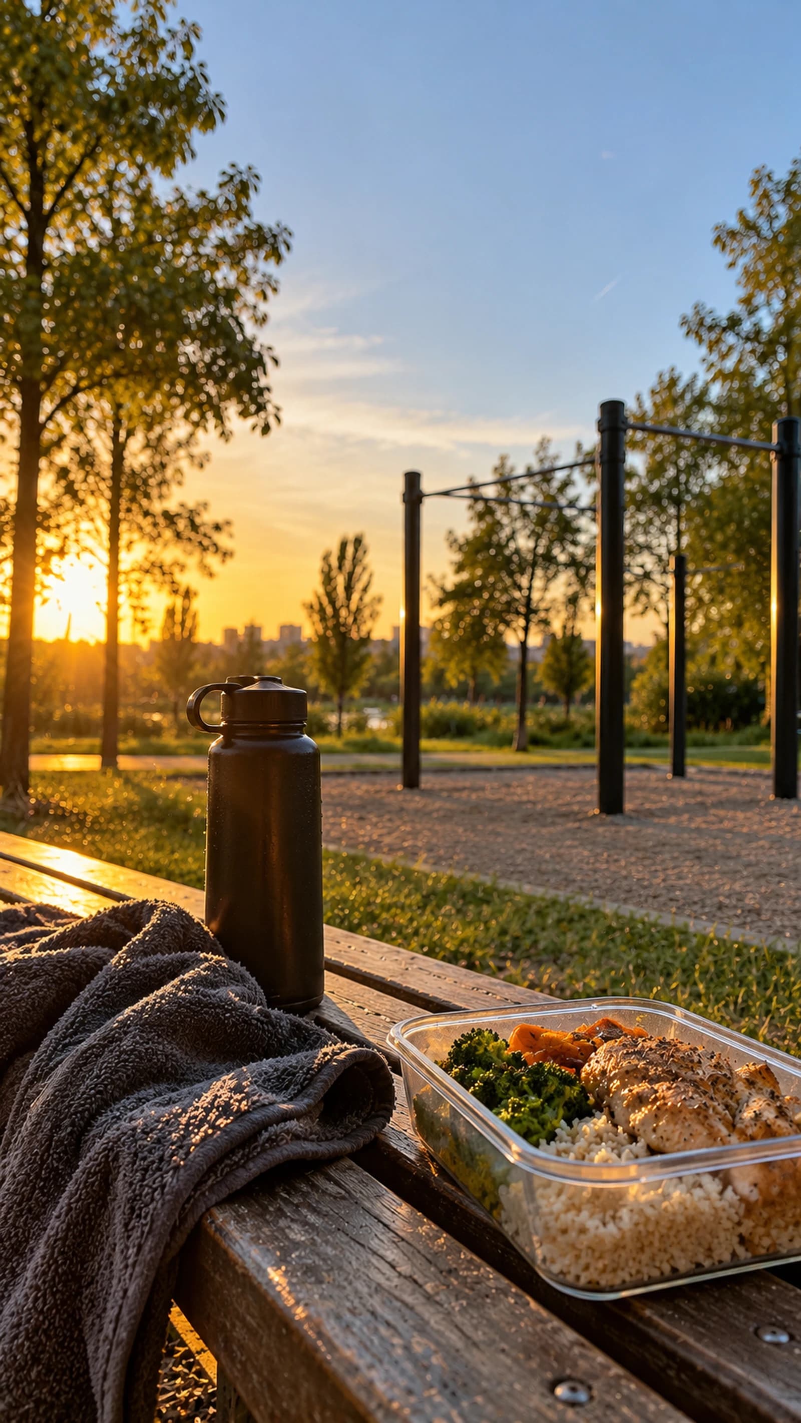 Meal prep containers on a bench outdoors