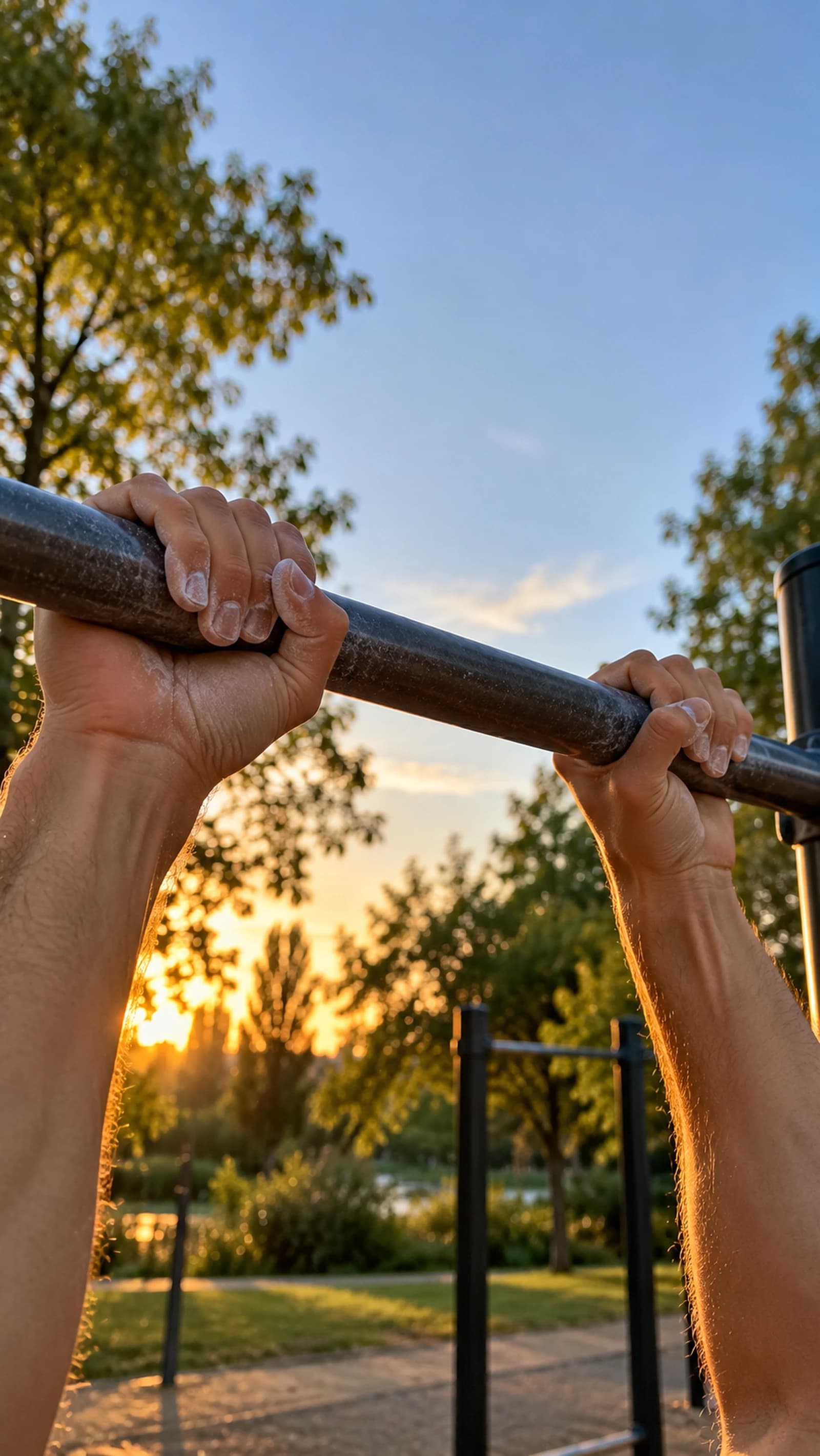 Athlete hanging from a pull-up bar at golden hour