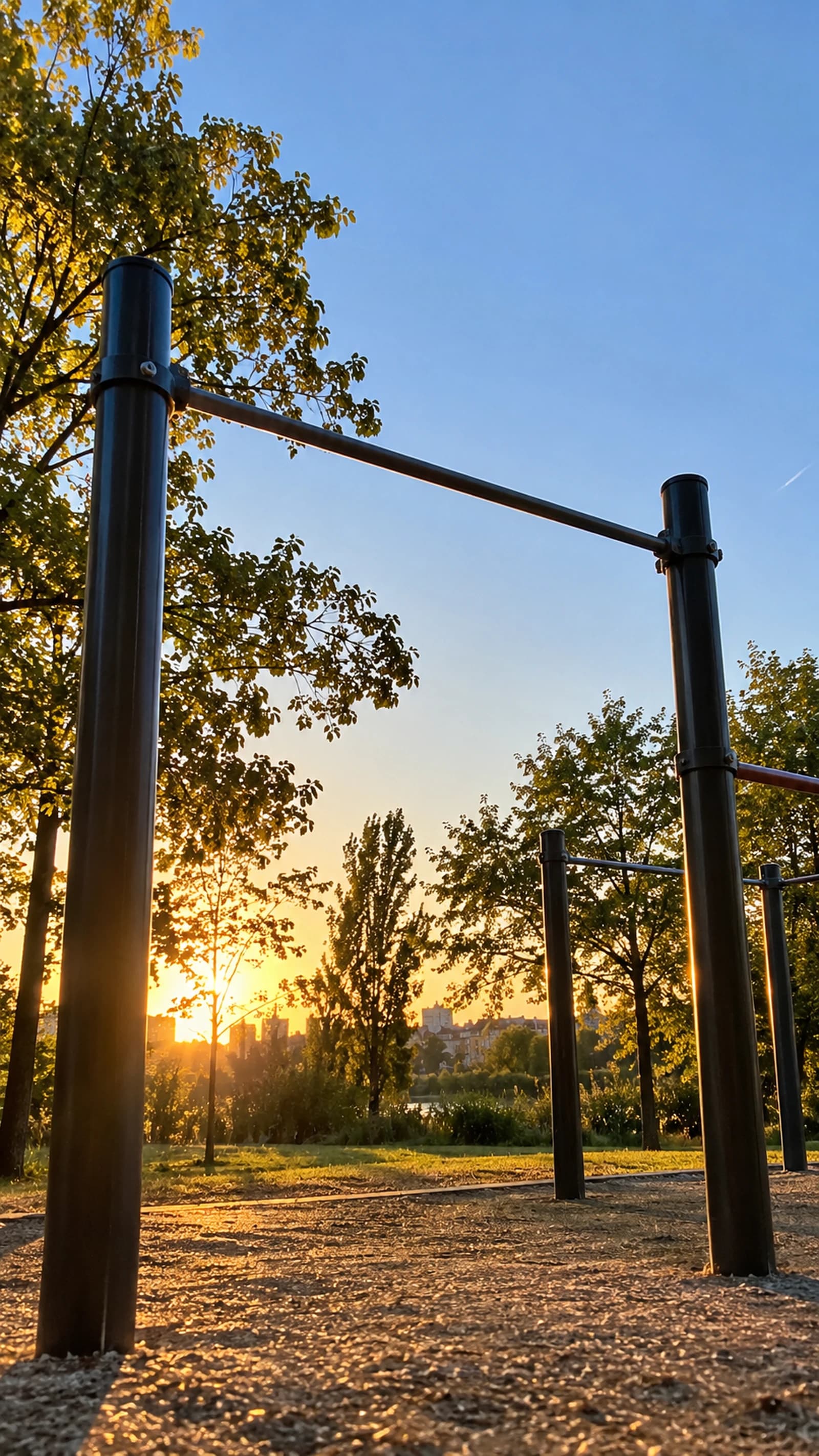 Athlete on a pull-up bar at sunset