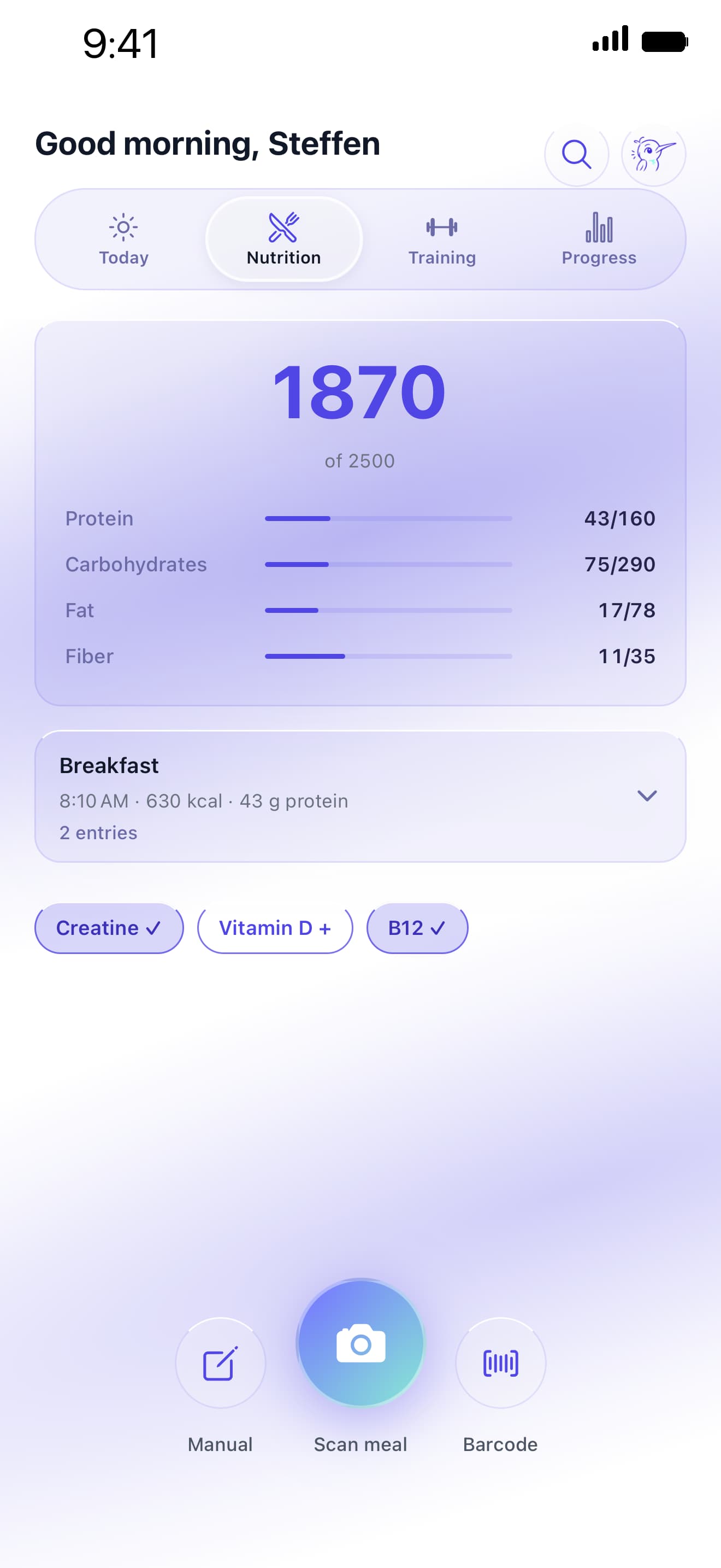Kolibi nutrition day screen with macros
