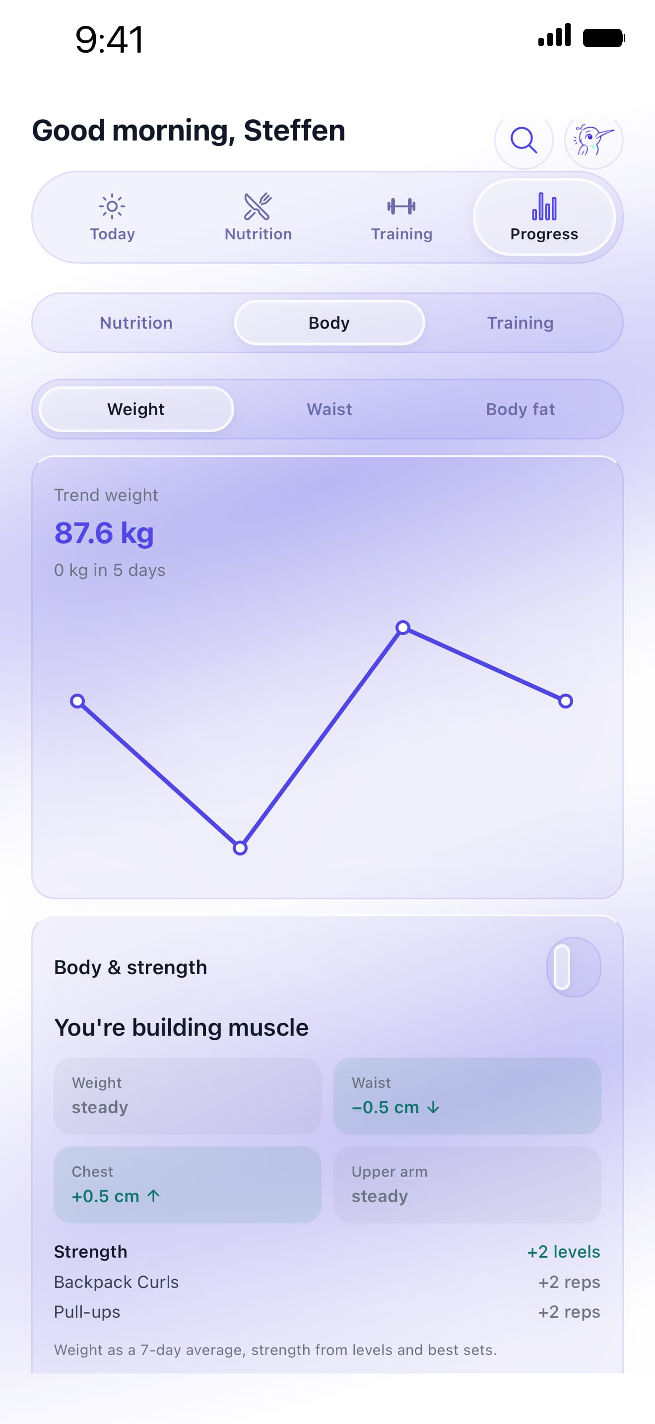 Kolibi progress screen with weight and strength
