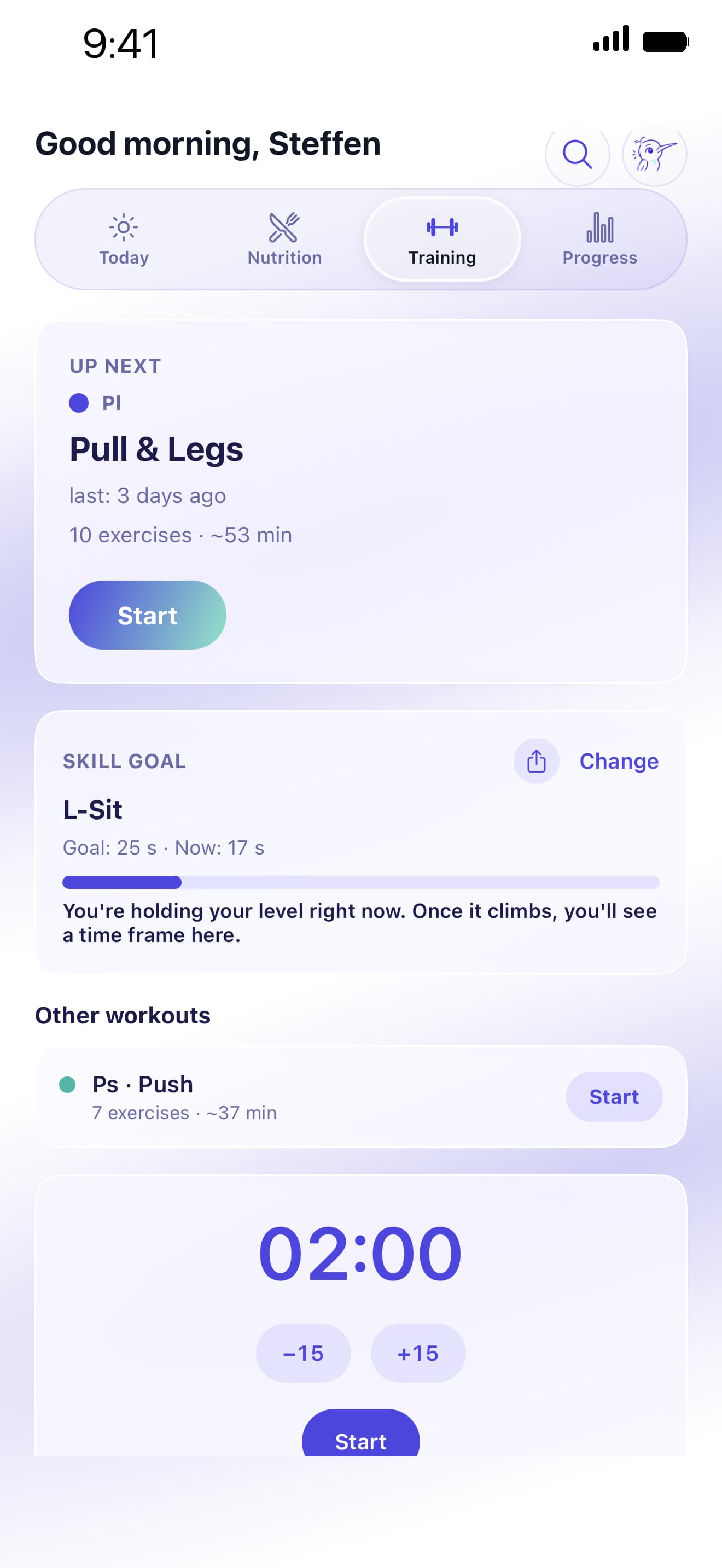 Kolibi active training session screen