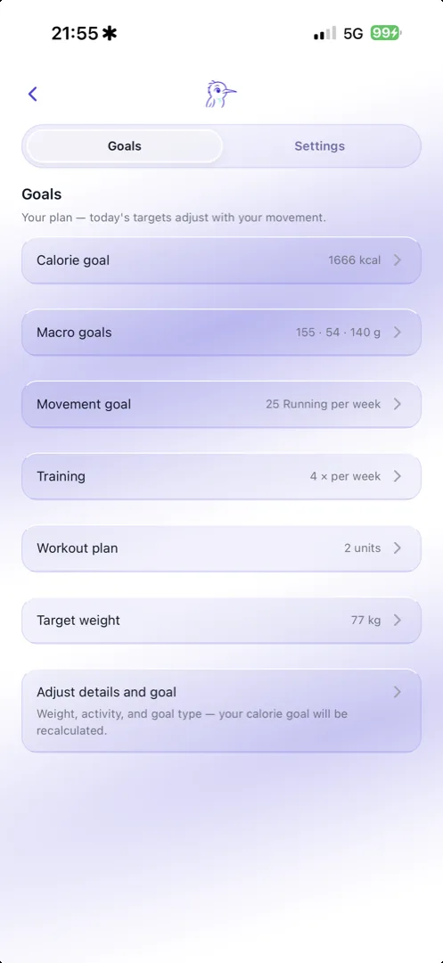 Kolibi goals screen with calorie and macro targets and how each value is calculated